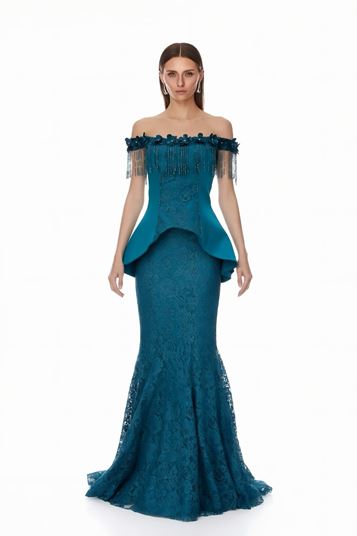 Petroleum Boat Neck Off Shoulder Tassel Evening Dress
